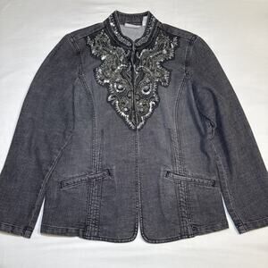 Chicos 2 Black Denim Jacket Blazer Sequin Bead Embellishment Hidden Closure EUC